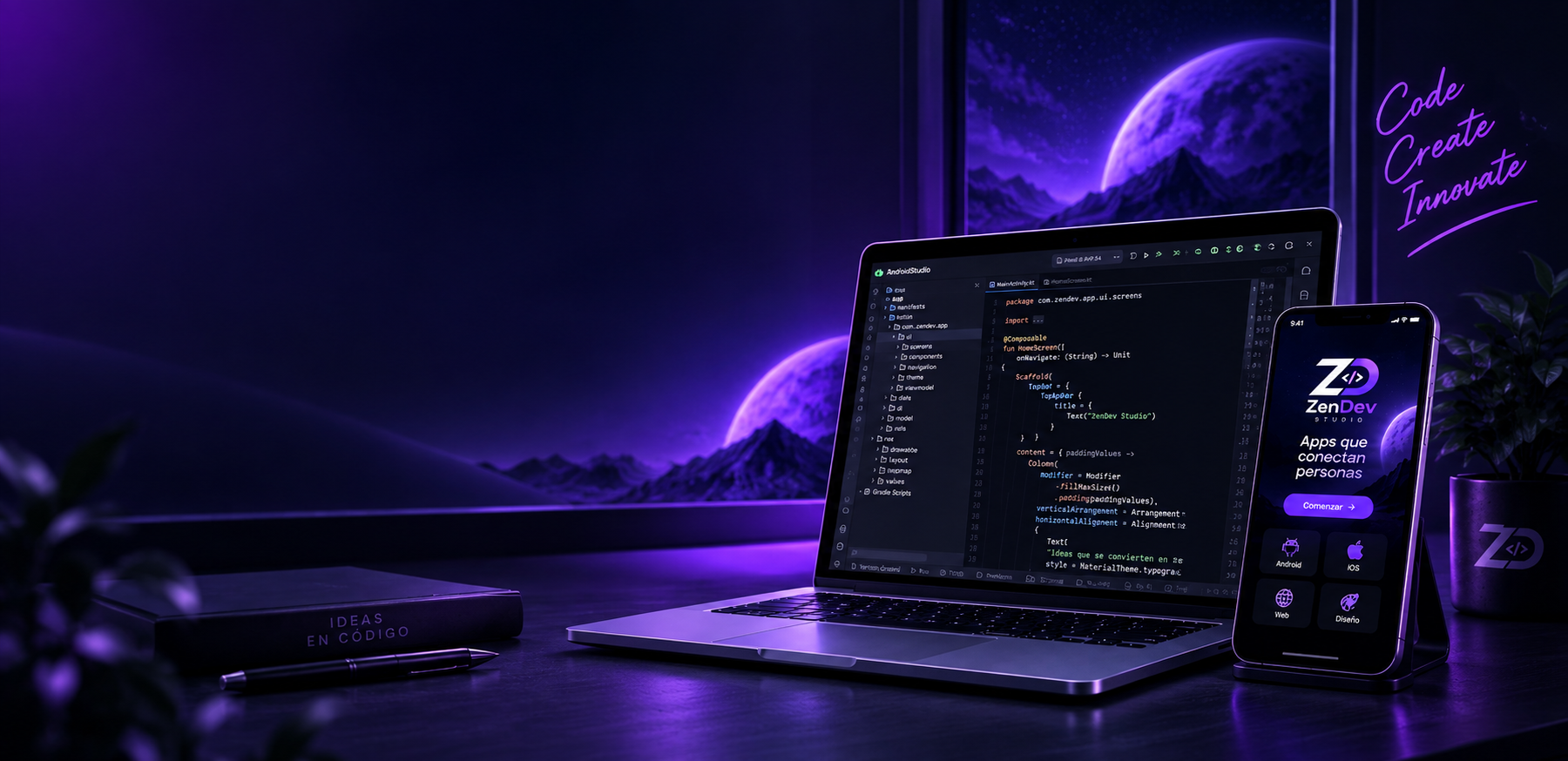 Portada oficial de ZenDev Studio con laptop y teléfono